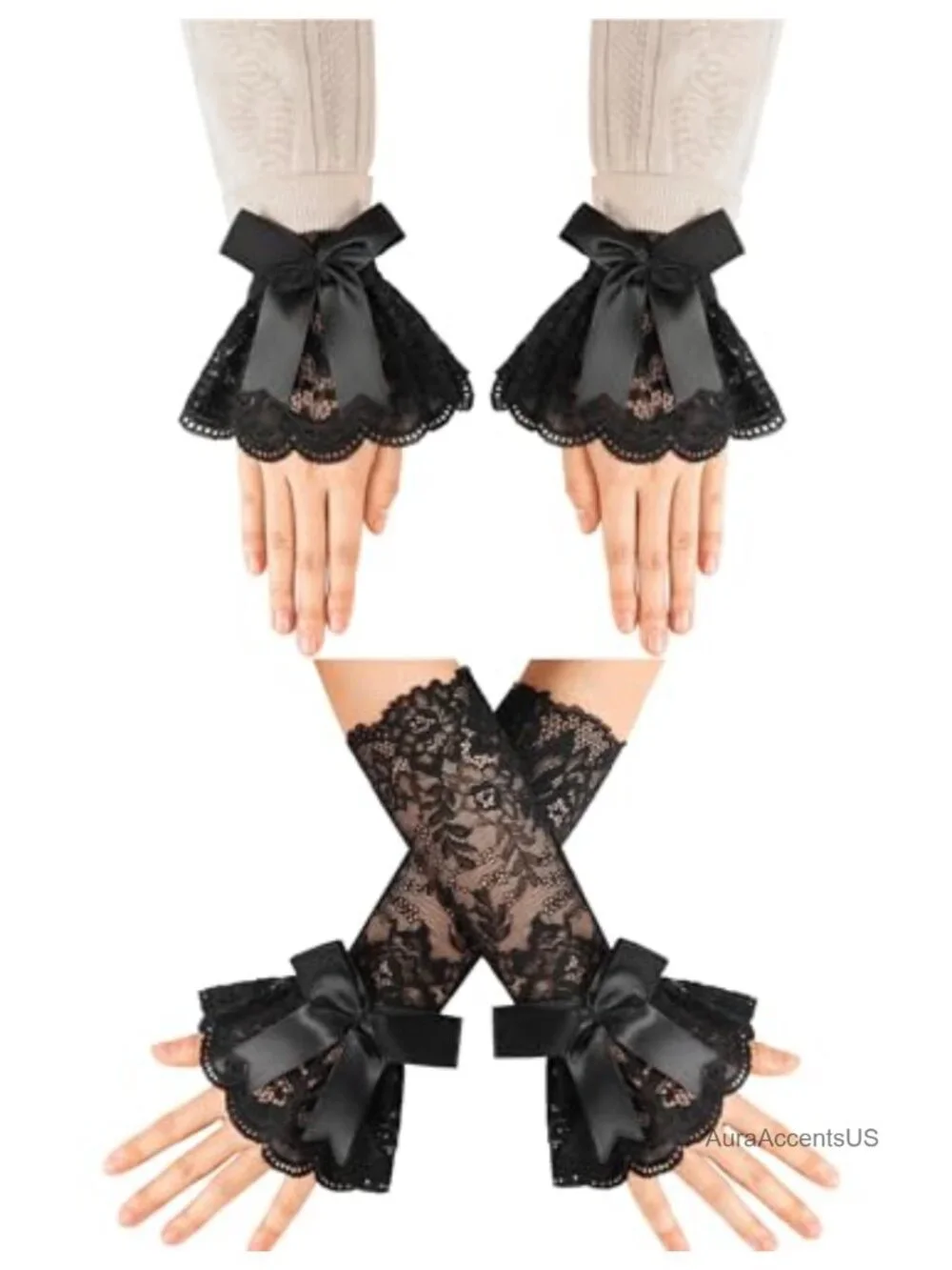 Fingerless Lace Gloves with Bow - Women's Mid Elbow Ruffle Costume Accessory